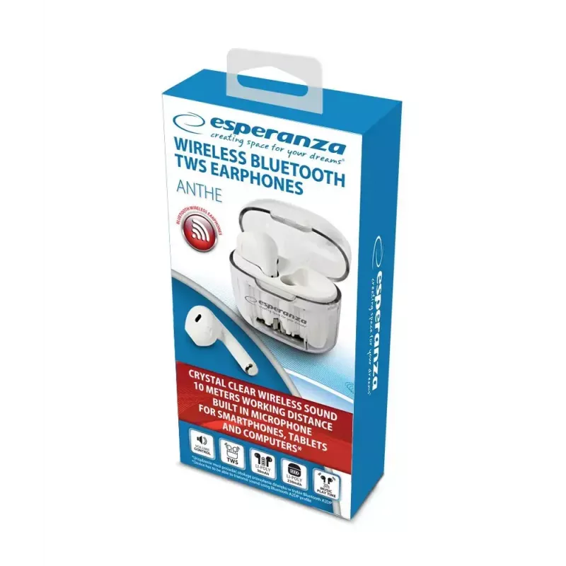 Bezprzewodowe słuchawki douszne ESPERANZA EH237W — Bluetooth 5.3, sterowanie dotykowe, bateria 3–4 h, białe