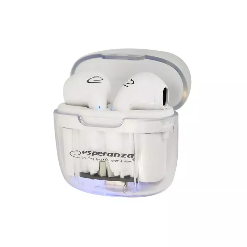 Bezprzewodowe słuchawki douszne ESPERANZA EH237W — Bluetooth 5.3, sterowanie dotykowe, bateria 3–4 h, białe