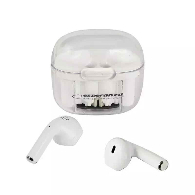 Bezprzewodowe słuchawki douszne ESPERANZA EH237W — Bluetooth 5.3, sterowanie dotykowe, bateria 3–4 h, białe