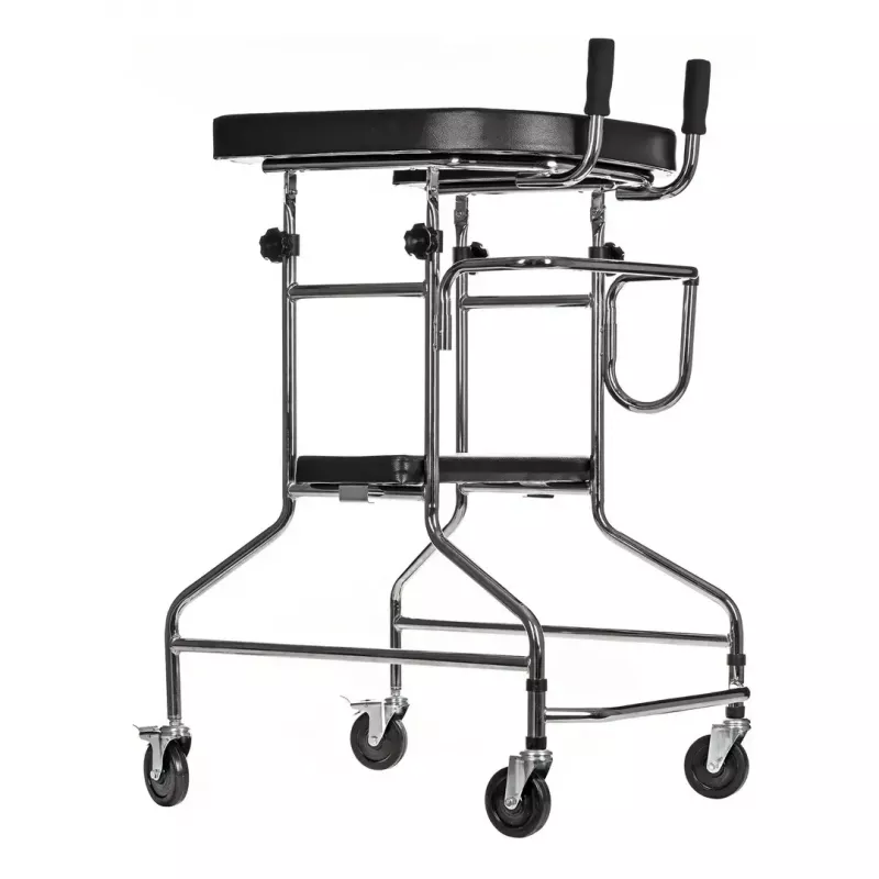 Wysoki chodzik rehabilitacyjny ActionMed B200AM — podparcie do stania z siedziskiem, 4 koła, regulowana wysokość 100–125 cm, maks. obciążenie 120 kg, szerokość ramy 65 cm