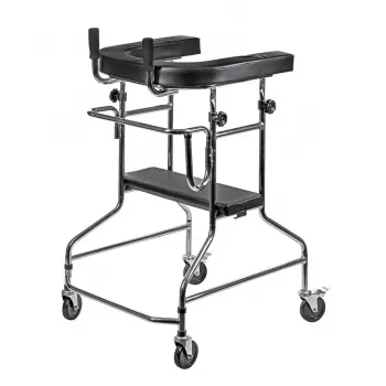 Wysoki chodzik rehabilitacyjny ActionMed B200AM — podparcie do stania z siedziskiem, 4 koła, regulowana wysokość 100–125 cm, maks. obciążenie 120 kg, szerokość ramy 65 cm
