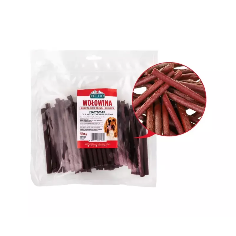 Przysmak dla psa PETITTO Soft beef sticks 500 g — przysmaki treningowe, smak wołowy, bezzbożowe, dorosłe psy