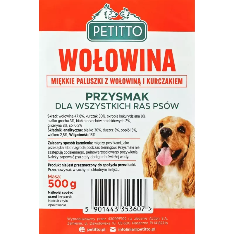 Przysmak dla psa PETITTO Soft beef sticks 500 g — przysmaki treningowe, smak wołowy, bezzbożowe, dorosłe psy