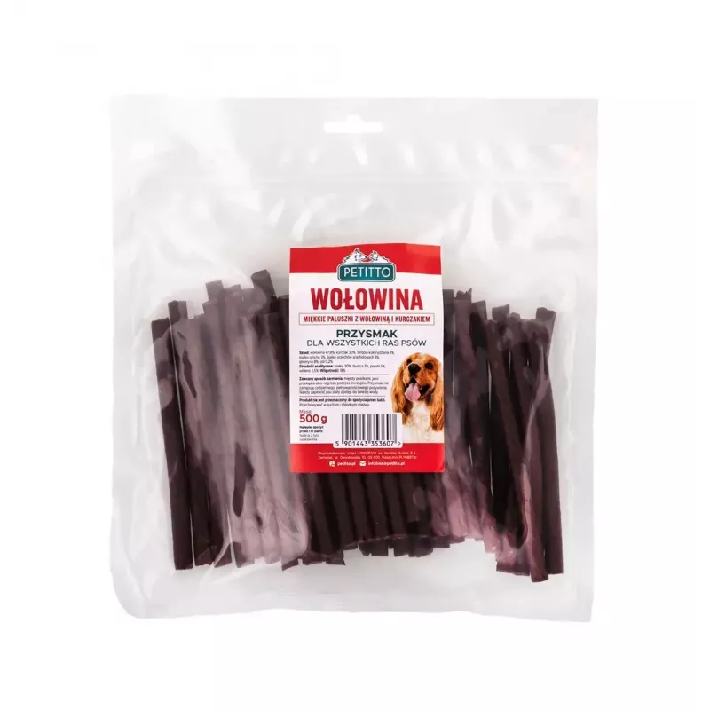Przysmak dla psa PETITTO Soft beef sticks 500 g — przysmaki treningowe, smak wołowy, bezzbożowe, dorosłe psy