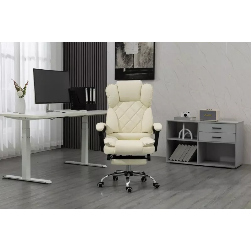 Fotel obrotowy ActiveJet YK7416 — ergonomiczny fotel obrotowy, ekoskóra w kolorze beżowym, metalowa rama, wyściełane oparcie, podnóżek