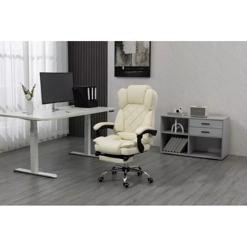 Fotel obrotowy ActiveJet YK7416 — ergonomiczny fotel obrotowy, ekoskóra w kolorze beżowym, metalowa rama, wyściełane oparcie, podnóżek