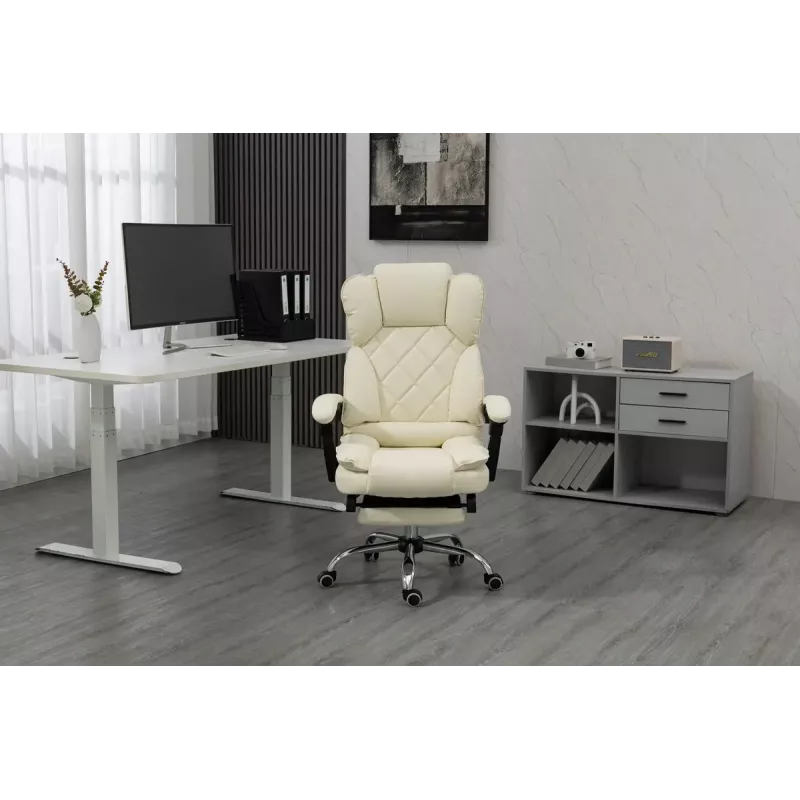 Fotel obrotowy ActiveJet YK7416 — ergonomiczny fotel obrotowy, ekoskóra w kolorze beżowym, metalowa rama, wyściełane oparcie, podnóżek