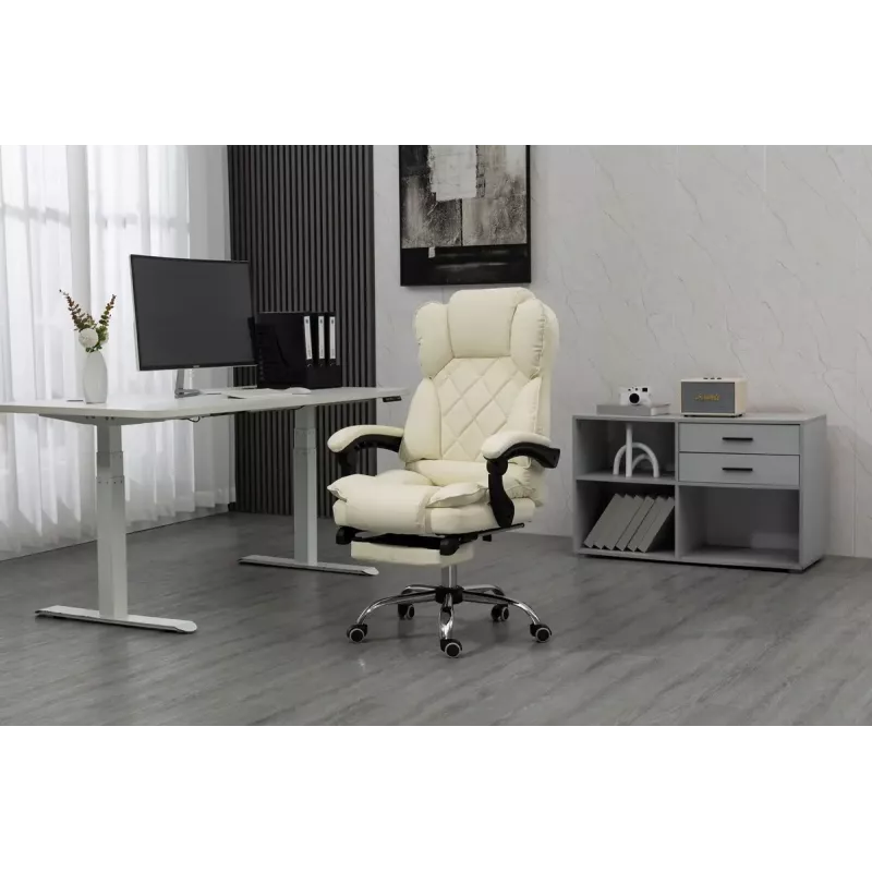 Fotel obrotowy ActiveJet YK7416 — ergonomiczny fotel obrotowy, ekoskóra w kolorze beżowym, metalowa rama, wyściełane oparcie, podnóżek