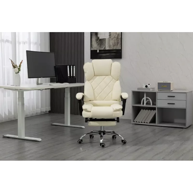 Fotel obrotowy ActiveJet YK7416 — ergonomiczny fotel obrotowy, ekoskóra w kolorze beżowym, metalowa rama, wyściełane oparcie, podnóżek
