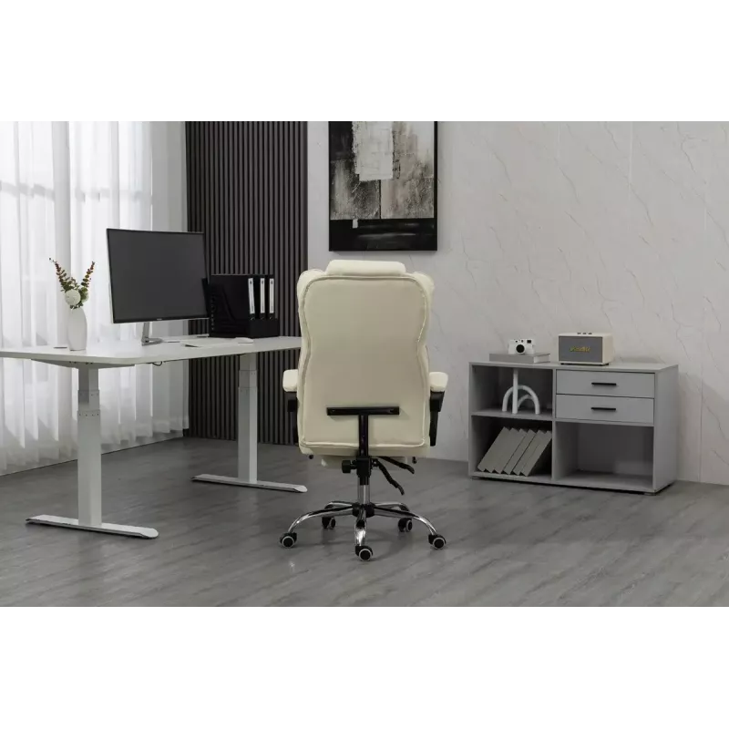 Fotel obrotowy ActiveJet YK7416 — ergonomiczny fotel obrotowy, ekoskóra w kolorze beżowym, metalowa rama, wyściełane oparcie, podnóżek