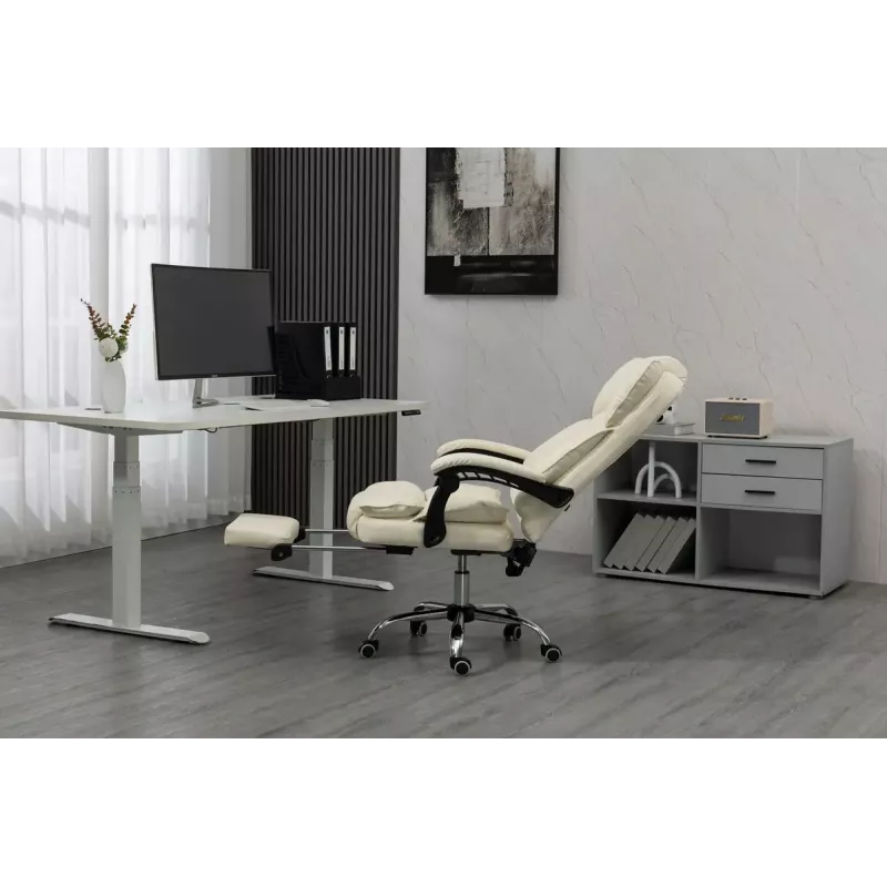 Fotel obrotowy ActiveJet YK7416 — ergonomiczny fotel obrotowy, ekoskóra w kolorze beżowym, metalowa rama, wyściełane oparcie, podnóżek