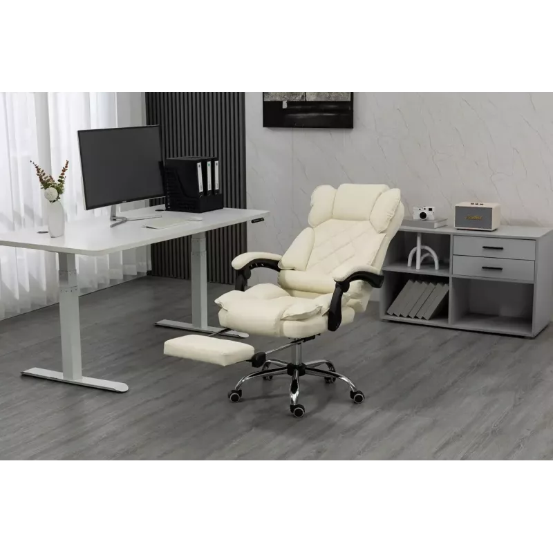 Fotel obrotowy ActiveJet YK7416 — ergonomiczny fotel obrotowy, ekoskóra w kolorze beżowym, metalowa rama, wyściełane oparcie, podnóżek
