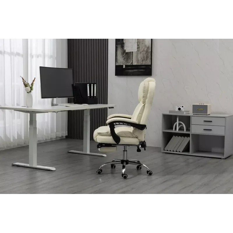 Fotel obrotowy ActiveJet YK7416 — ergonomiczny fotel obrotowy, ekoskóra w kolorze beżowym, metalowa rama, wyściełane oparcie, podnóżek