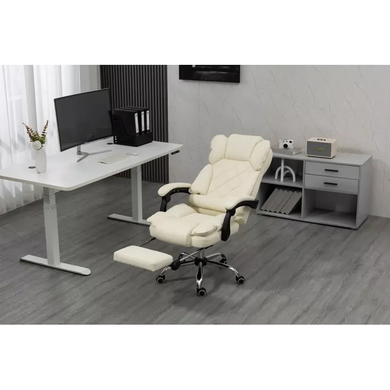 Fotel obrotowy ActiveJet YK7416 — ergonomiczny fotel obrotowy, ekoskóra w kolorze beżowym, metalowa rama, wyściełane oparcie, podnóżek