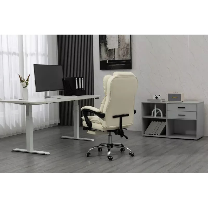 Fotel obrotowy ActiveJet YK7416 — ergonomiczny fotel obrotowy, ekoskóra w kolorze beżowym, metalowa rama, wyściełane oparcie, podnóżek