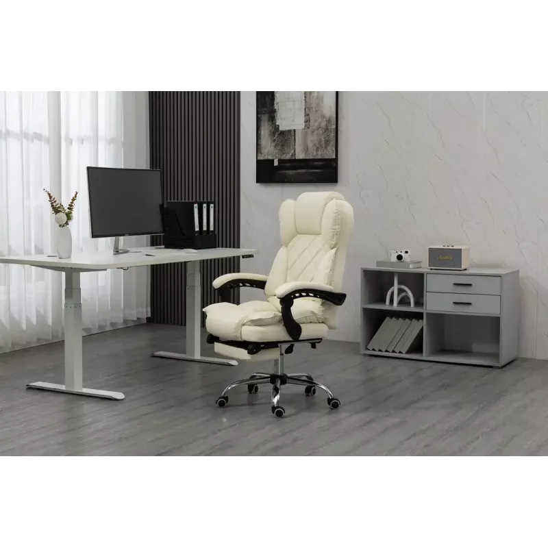 Fotel obrotowy ActiveJet YK7416 — ergonomiczny fotel obrotowy, ekoskóra w kolorze beżowym, metalowa rama, wyściełane oparcie, podnóżek