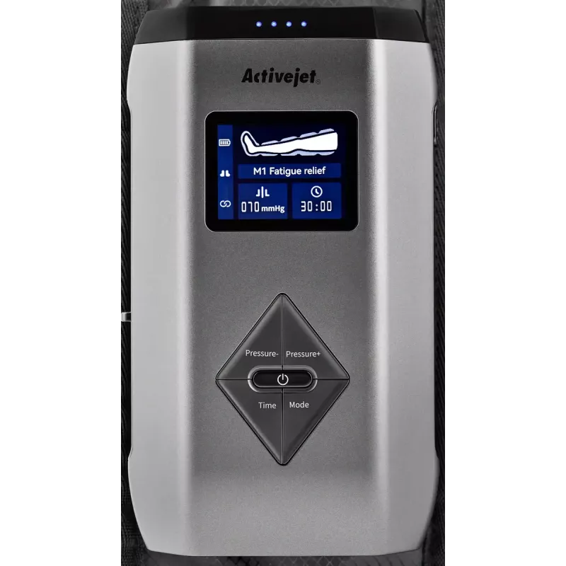 Masażer limfatyczno-kompresyjny do nóg ActiveJet ACM-PLUS-A1 S — bateria 25 W, wbudowany akumulator, 330×840×60 mm, czarny/pomarańczowy