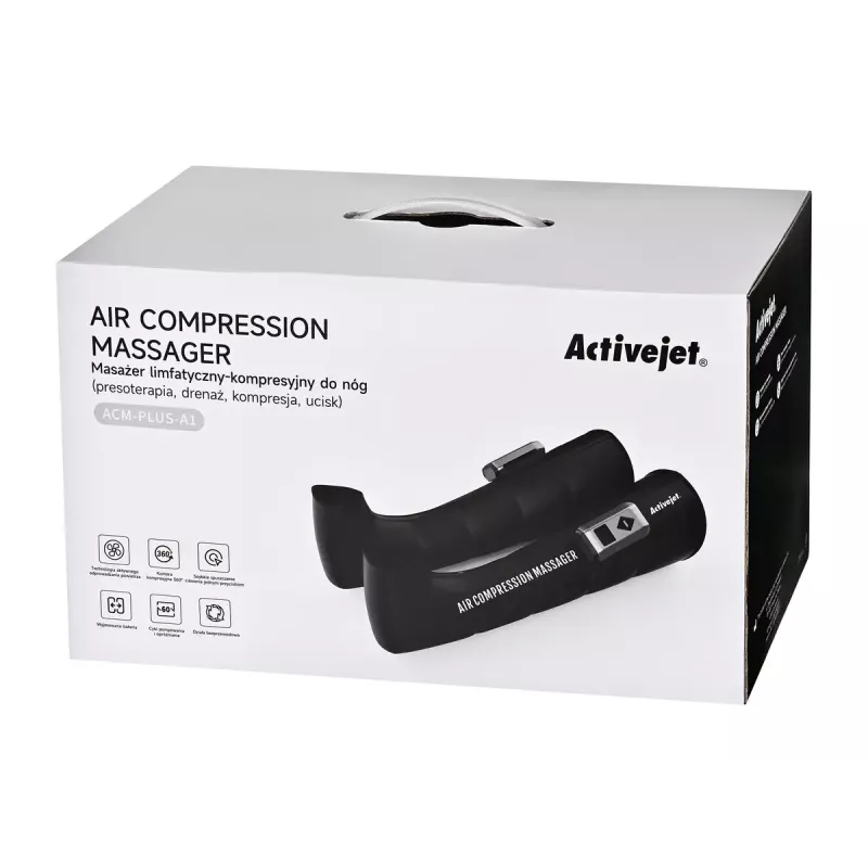 Masażer limfatyczno-kompresyjny do nóg ActiveJet ACM-PLUS-A1 S — bateria 25 W, wbudowany akumulator, 330×840×60 mm, czarny/pomarańczowy
