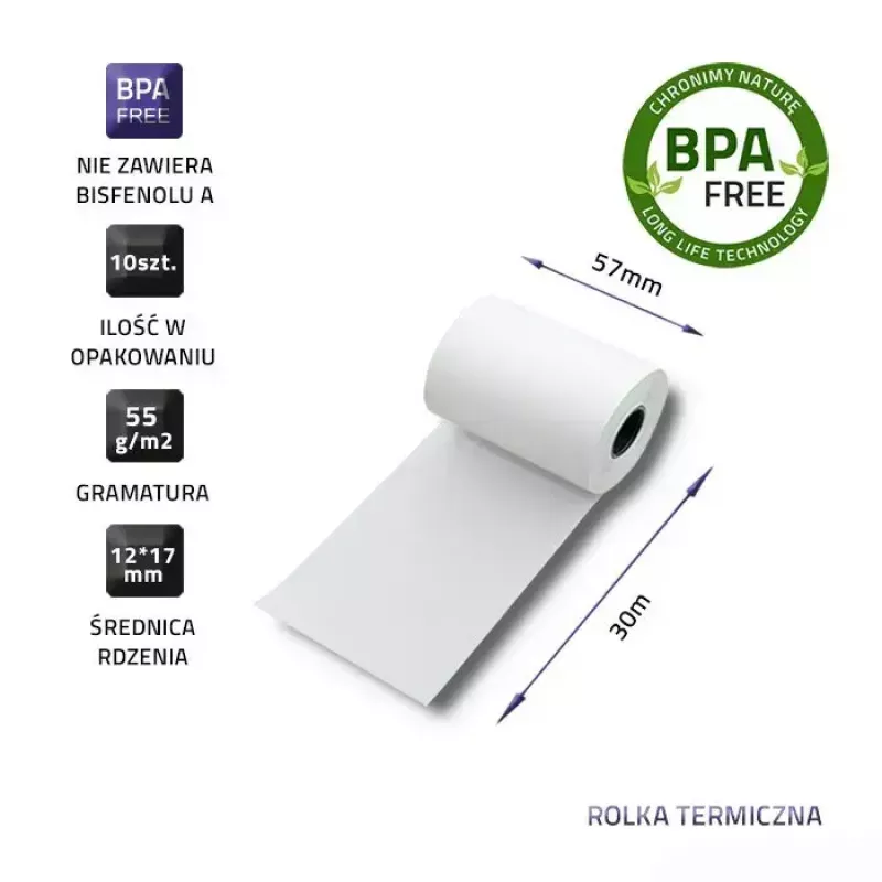 Rolka termiczna do paragonów QOLTEC 57 x 30 mm 55 g/m² bez BPA, rdzeń 17 mm, 10 szt.