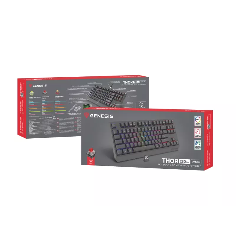 Klawiatura GENESIS Thor 230 TKL Gaming USB + RF Wireless + Bluetooth QWERTY Czarna