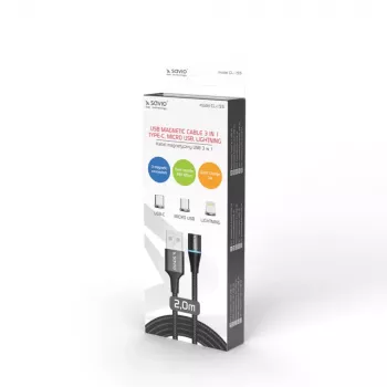 Kabel USB 2.0 SAVIO CL-155, USB A na wymienne USB-C / Micro-USB B / Lightning, 2 m, czarny