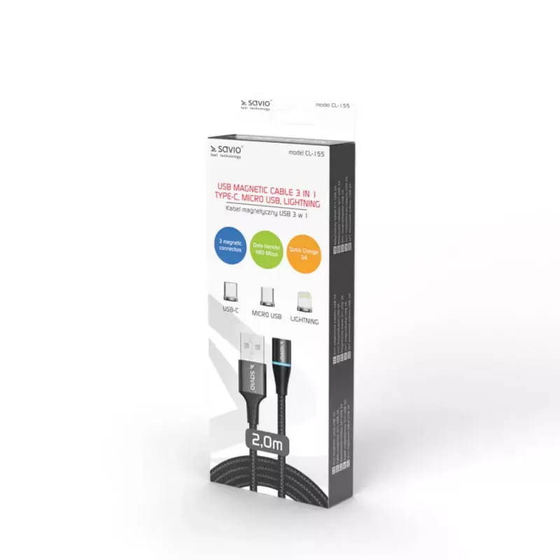 Kabel USB 2.0 SAVIO CL-155, USB A na wymienne USB-C / Micro-USB B / Lightning, 2 m, czarny