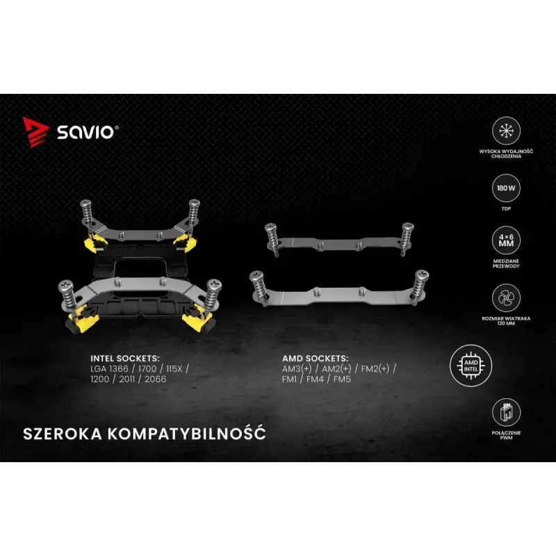 Chłodzenie procesora powietrzne SAVIO Vortex X2 Czarny – wentylator 120 mm, wysokość 157 mm, PWM, kompatybilność z LGA 2066