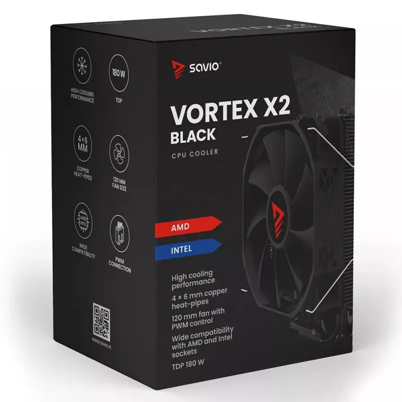 Chłodzenie procesora powietrzne SAVIO Vortex X2 Czarny – wentylator 120 mm, wysokość 157 mm, PWM, kompatybilność z LGA 2066