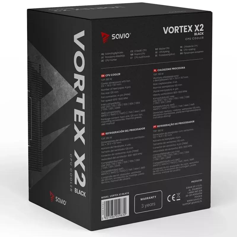 Chłodzenie procesora powietrzne SAVIO Vortex X2 Czarny – wentylator 120 mm, wysokość 157 mm, PWM, kompatybilność z LGA 2066