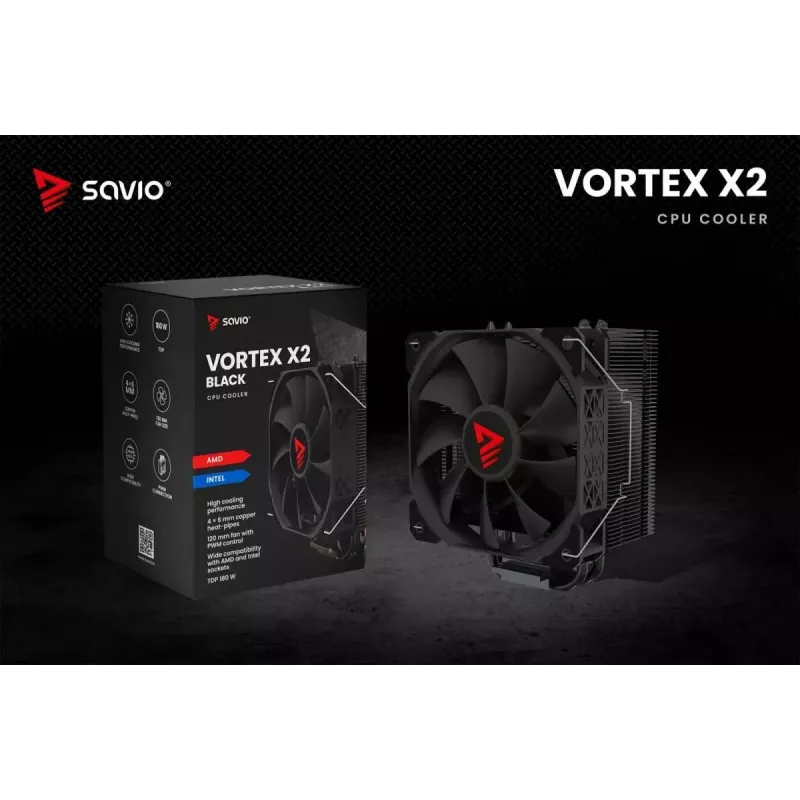 Chłodzenie procesora powietrzne SAVIO Vortex X2 Czarny – wentylator 120 mm, wysokość 157 mm, PWM, kompatybilność z LGA 2066