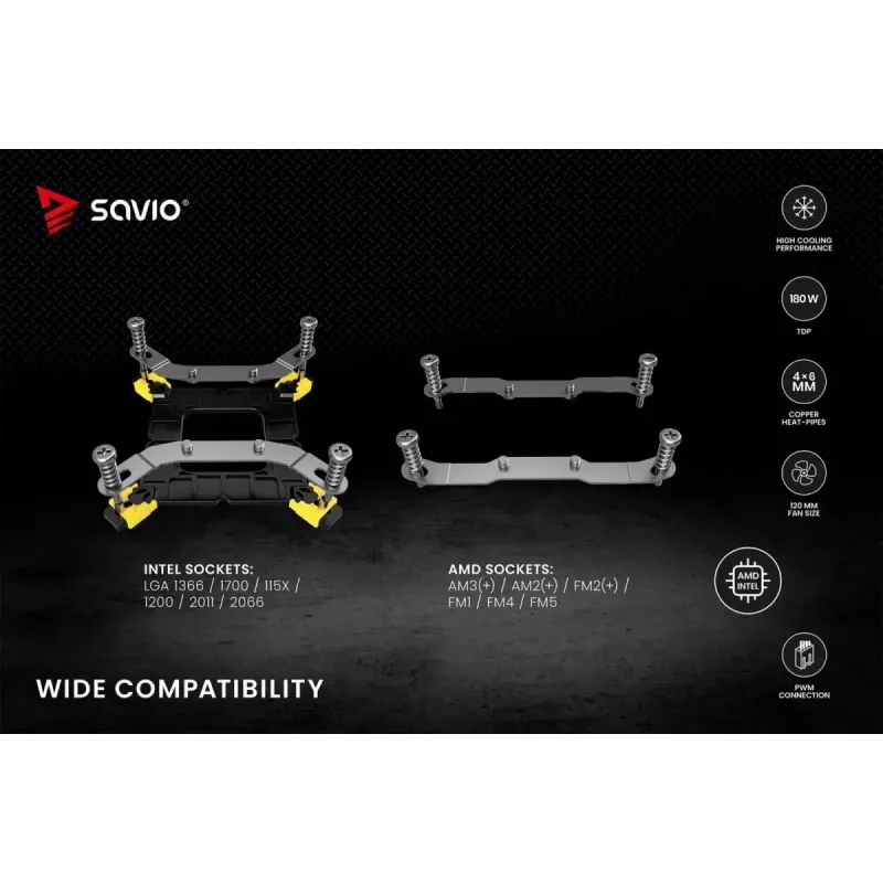 Chłodzenie procesora powietrzne SAVIO Vortex X2 Czarny – wentylator 120 mm, wysokość 157 mm, PWM, kompatybilność z LGA 2066