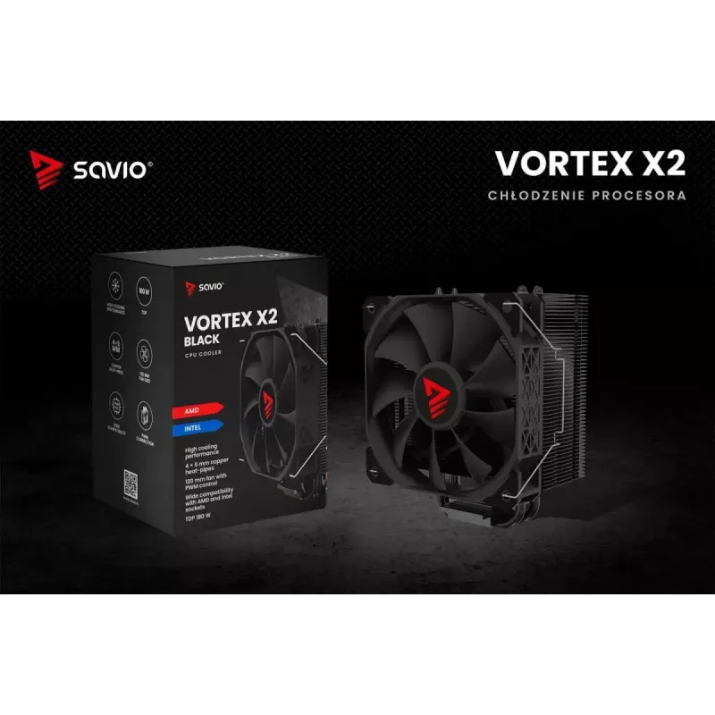 Chłodzenie procesora powietrzne SAVIO Vortex X2 Czarny – wentylator 120 mm, wysokość 157 mm, PWM, kompatybilność z LGA 2066