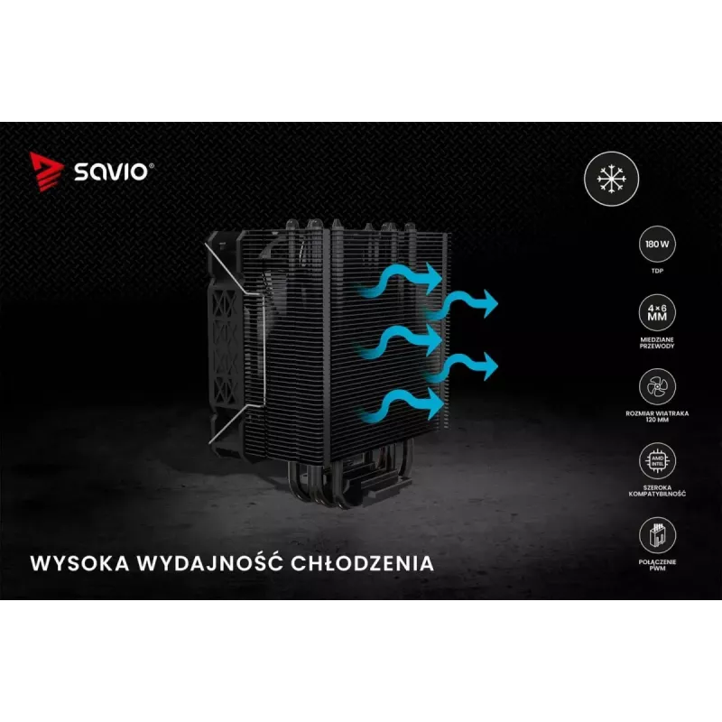 Chłodzenie procesora powietrzne SAVIO Vortex X2 Czarny – wentylator 120 mm, wysokość 157 mm, PWM, kompatybilność z LGA 2066