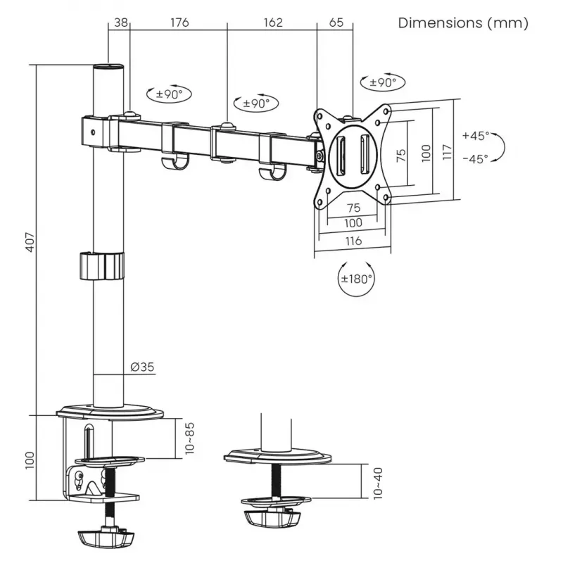 Uchwyt biurkowy do monitora MACLEAN MC-753N dla ekranów 17–32 cale, VESA 75x75 / 100x100, maks. 9 kg, pochylanie ±45°, obrót ±180°, regulacja wysokości