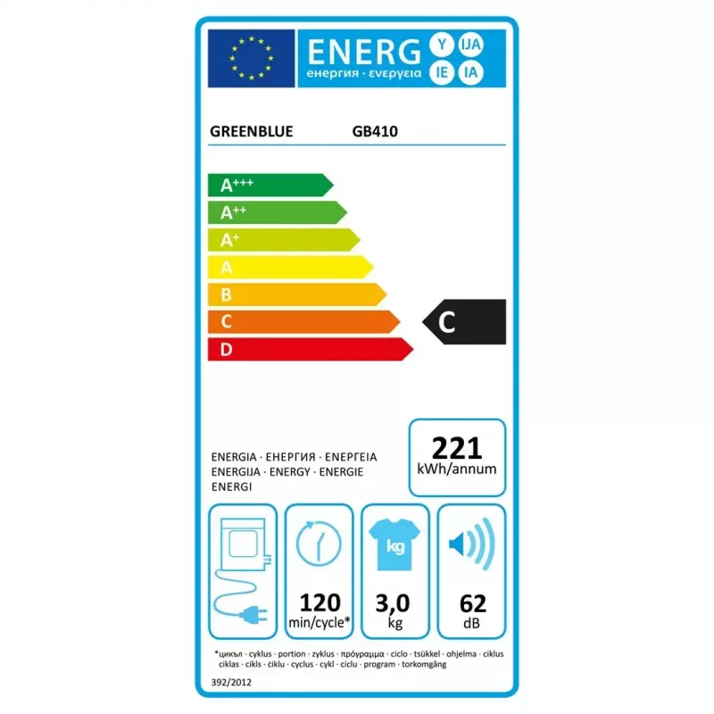 Suszarka elektryczna bębnowa GreenBlue GB410 — pojemność 3 kg, 830 W, wentylacyjna, 5 programów suszenia, klasa energetyczna C