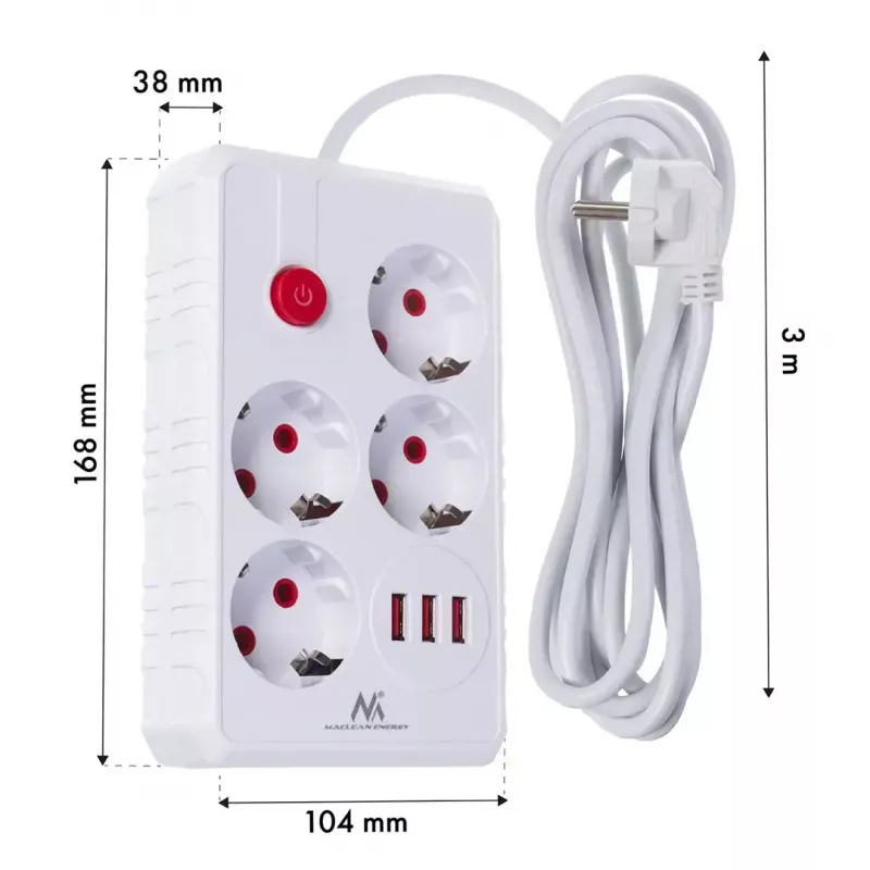 Listwa zasilająca MACLEAN MCE393 W — 4 gniazda + 3×USB, 110–240 V, USB 2,1 A, 2500 W, 3 m, biała