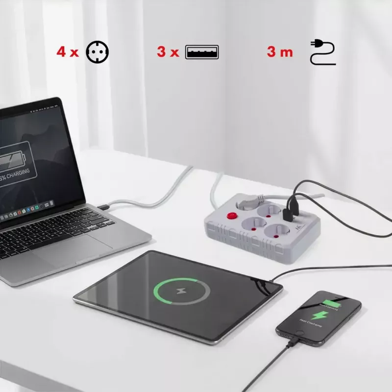 Listwa zasilająca MACLEAN MCE393 W — 4 gniazda + 3×USB, 110–240 V, USB 2,1 A, 2500 W, 3 m, biała