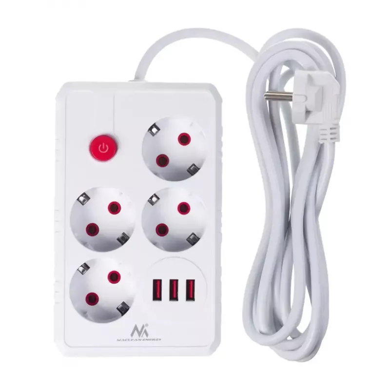 Listwa zasilająca MACLEAN MCE393 W — 4 gniazda + 3×USB, 110–240 V, USB 2,1 A, 2500 W, 3 m, biała