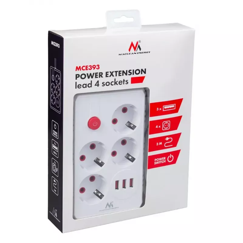 Listwa zasilająca MACLEAN MCE393 W — 4 gniazda + 3×USB, 110–240 V, USB 2,1 A, 2500 W, 3 m, biała
