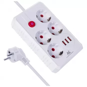 Listwa zasilająca MACLEAN MCE393 W — 4 gniazda + 3×USB, 110–240 V, USB 2,1 A, 2500 W, 3 m, biała