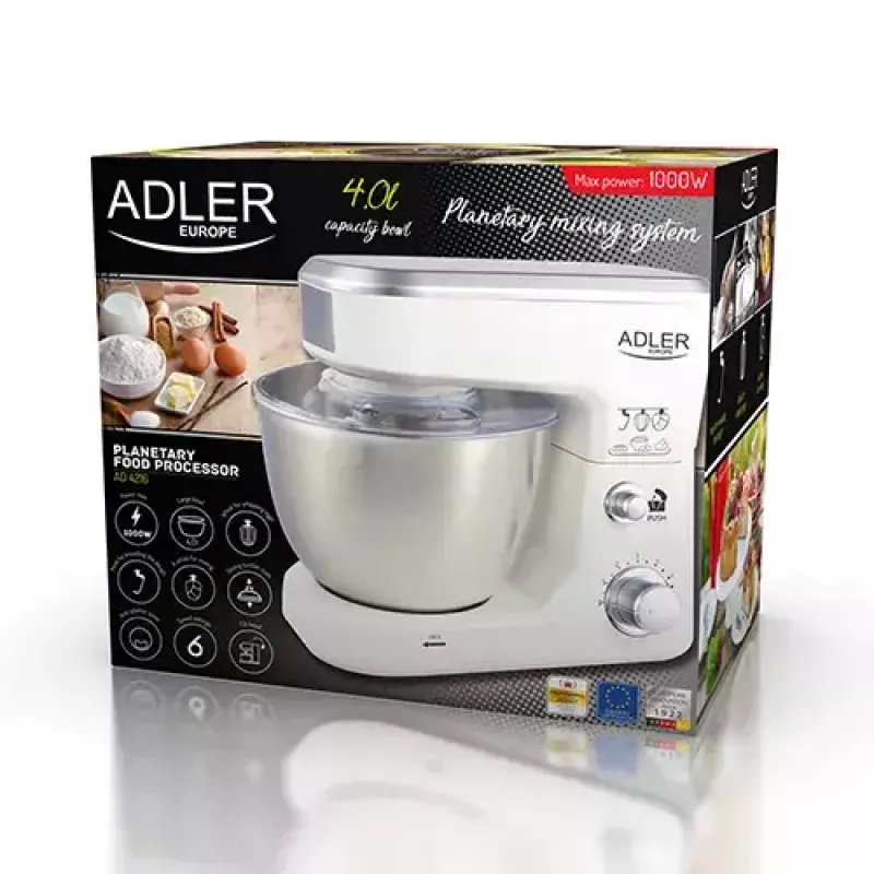 Robot planetarny Adler AD 4216, 500 W, misa ze stali nierdzewnej 4 l, biały