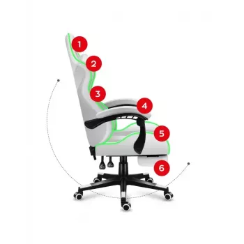 Fotel gamingowy Huzaro FORCE 4.7 RGB biały — kubełkowe siedzisko z tkaniny, maks. obciążenie 140 kg, regulacja wysokości 43–53 cm, pochylenie 90–140°