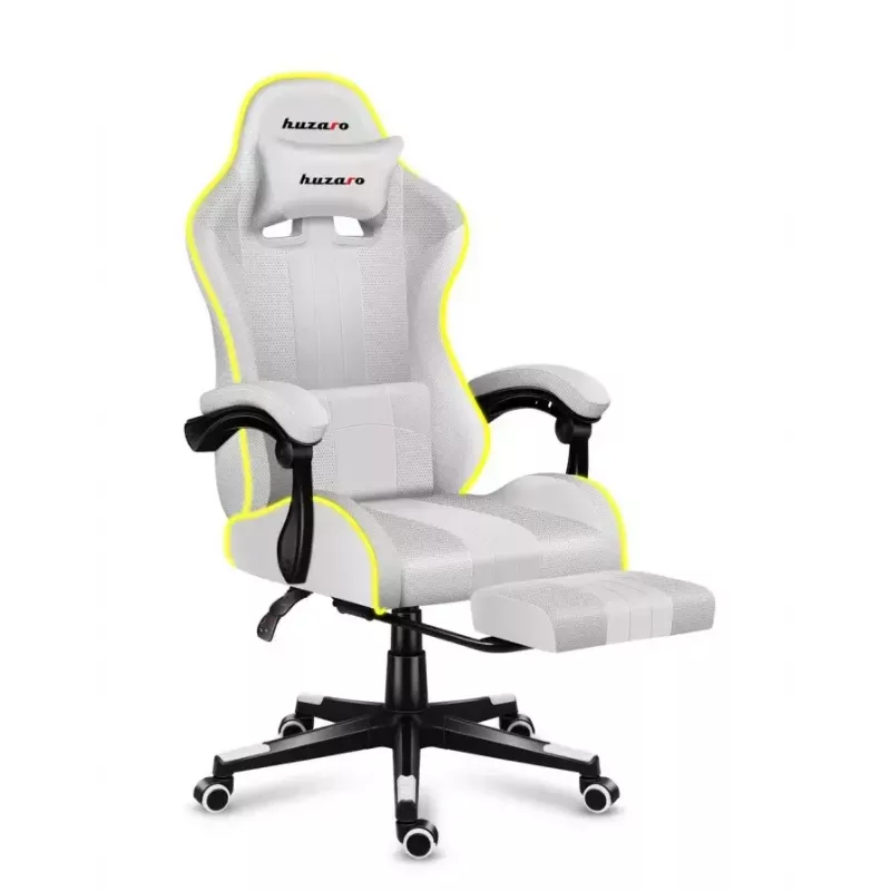 Fotel gamingowy Huzaro FORCE 4.7 RGB biały — kubełkowe siedzisko z tkaniny, maks. obciążenie 140 kg, regulacja wysokości 43–53 cm, pochylenie 90–140°