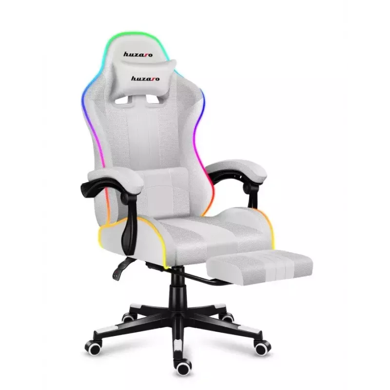 Fotel gamingowy Huzaro FORCE 4.7 RGB biały — kubełkowe siedzisko z tkaniny, maks. obciążenie 140 kg, regulacja wysokości 43–53 cm, pochylenie 90–140°