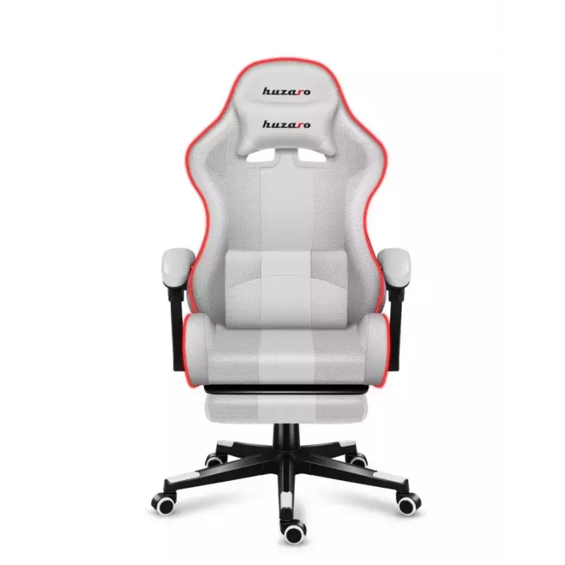 Fotel gamingowy Huzaro FORCE 4.7 RGB biały — kubełkowe siedzisko z tkaniny, maks. obciążenie 140 kg, regulacja wysokości 43–53 cm, pochylenie 90–140°