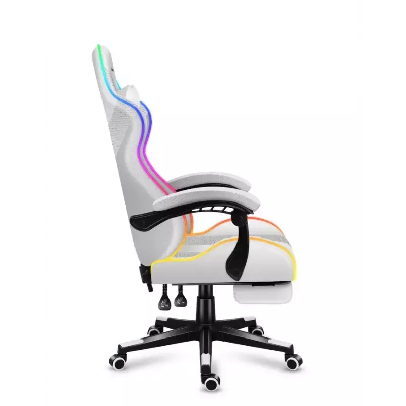 Fotel gamingowy Huzaro FORCE 4.7 RGB biały — kubełkowe siedzisko z tkaniny, maks. obciążenie 140 kg, regulacja wysokości 43–53 cm, pochylenie 90–140°