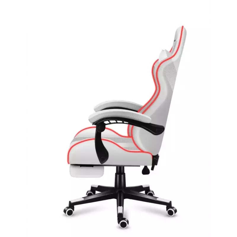 Fotel gamingowy Huzaro FORCE 4.7 RGB biały — kubełkowe siedzisko z tkaniny, maks. obciążenie 140 kg, regulacja wysokości 43–53 cm, pochylenie 90–140°