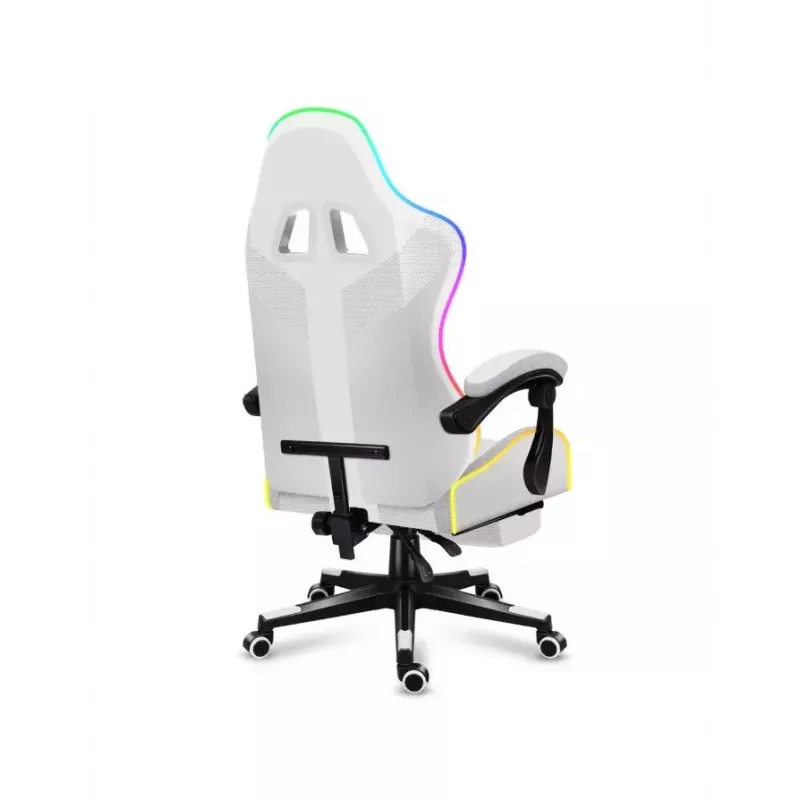 Fotel gamingowy Huzaro FORCE 4.7 RGB biały — kubełkowe siedzisko z tkaniny, maks. obciążenie 140 kg, regulacja wysokości 43–53 cm, pochylenie 90–140°