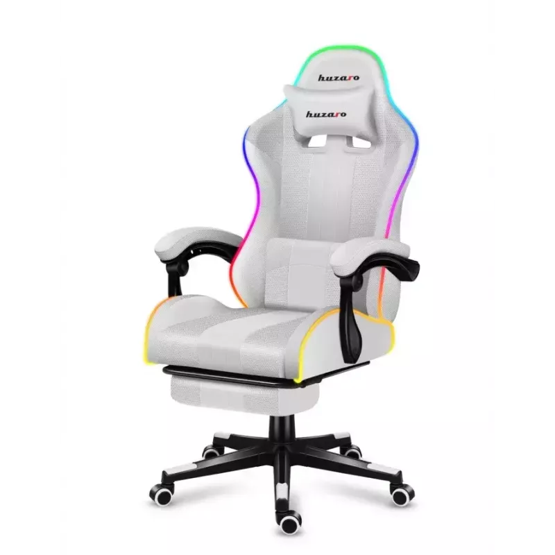 Fotel gamingowy Huzaro FORCE 4.7 RGB biały — kubełkowe siedzisko z tkaniny, maks. obciążenie 140 kg, regulacja wysokości 43–53 cm, pochylenie 90–140°