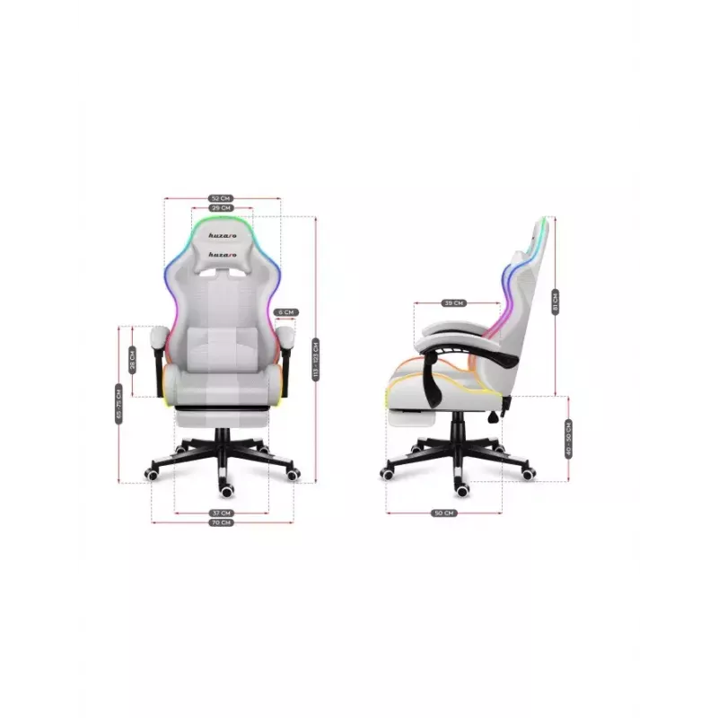 Fotel gamingowy Huzaro FORCE 4.7 RGB biały — kubełkowe siedzisko z tkaniny, maks. obciążenie 140 kg, regulacja wysokości 43–53 cm, pochylenie 90–140°